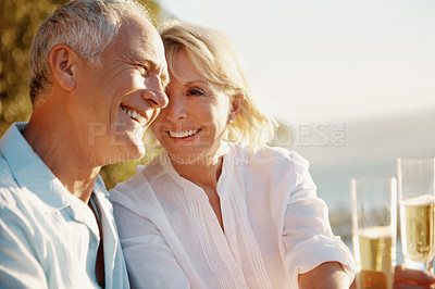 Buy stock photo Outdoor, old couple and smile with champagne for love, bonding together and support in healthy relationship. Nature, senior man and woman with wine for happy, marriage and care on weekend holiday