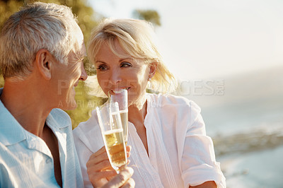 Buy stock photo Couple, happy and toast at ocean with champagne, celebrate milestone and travel with love. Mature people, space and cheers with drink for bonding, relationship appreciation and together at beach
