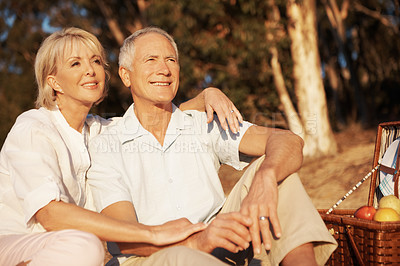 Buy stock photo Picnic, thinking or senior couple in forest with love, partner daydream or bonding on summer trip. Tender, smile or elderly people with basket, relationship reflection or happy moment on outdoor date
