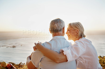 Buy stock photo Holiday, smile or senior couple outdoor with love, partner loyalty or bonding on summer trip. Tender, space or elderly people at beach with security, romantic relationship or happy moment on vacation