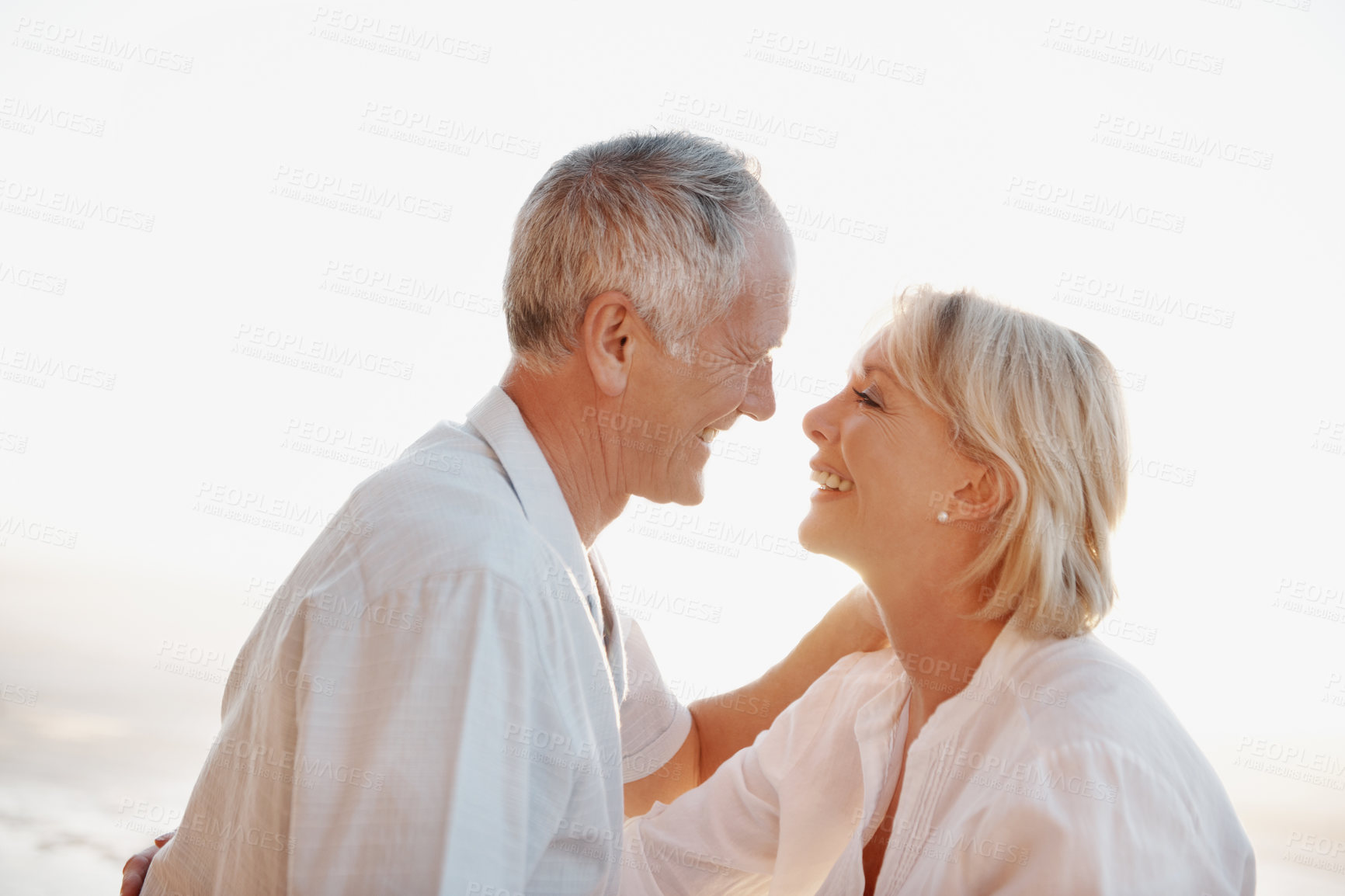 Buy stock photo Holiday, trust or senior couple outdoor with love, partner loyalty or bonding together on summer trip. Tender, care or elderly people with security, romantic relationship or happy moment on vacation
