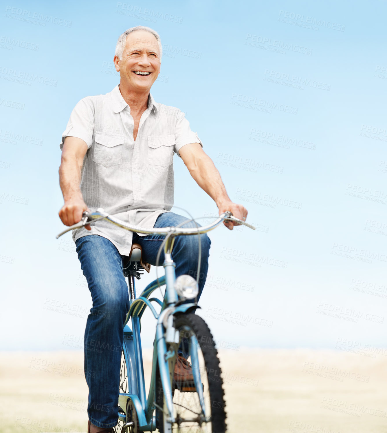 Buy stock photo Happy, senior man and fitness with bicycle outdoor for wellness, eco friendly transport and exercise. Smile, elderly person and cycling with countryside trip, travel and health for retirement