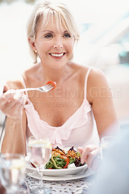 Buy stock photo Old couple, salad and date with love, smile and travel for anniversary or holiday. Outdoor, cafe and senior woman with man, bonding and vacation together with healthy diet and support for marriage