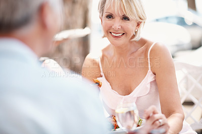 Buy stock photo Old couple, restaurant and date with salad, smile and travel for anniversary or holiday. Outdoor, cafe and senior woman with man, bonding and trip together with healthy diet and drink for marriage