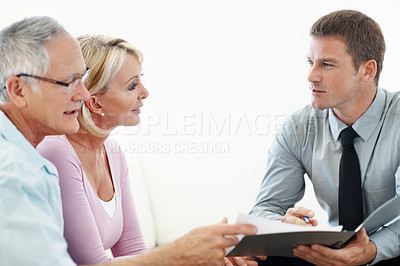 Buy stock photo Advice, consulting and financial advisor with old couple for retirement plan, wealth management and profit. Insurance payout, budget and broker with senior man and woman in home for joint account