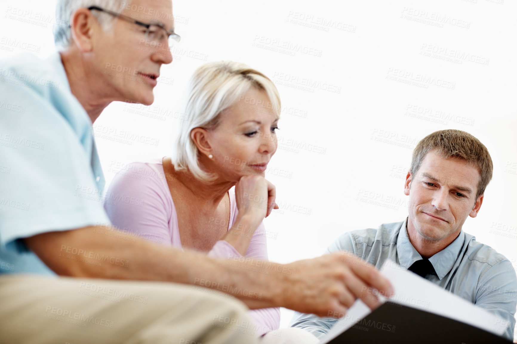 Buy stock photo Documents, reading and financial advisor with old couple in home for retirement plan, wealth management and profit. Insurance payout, budget and broker with senior man and woman for joint account