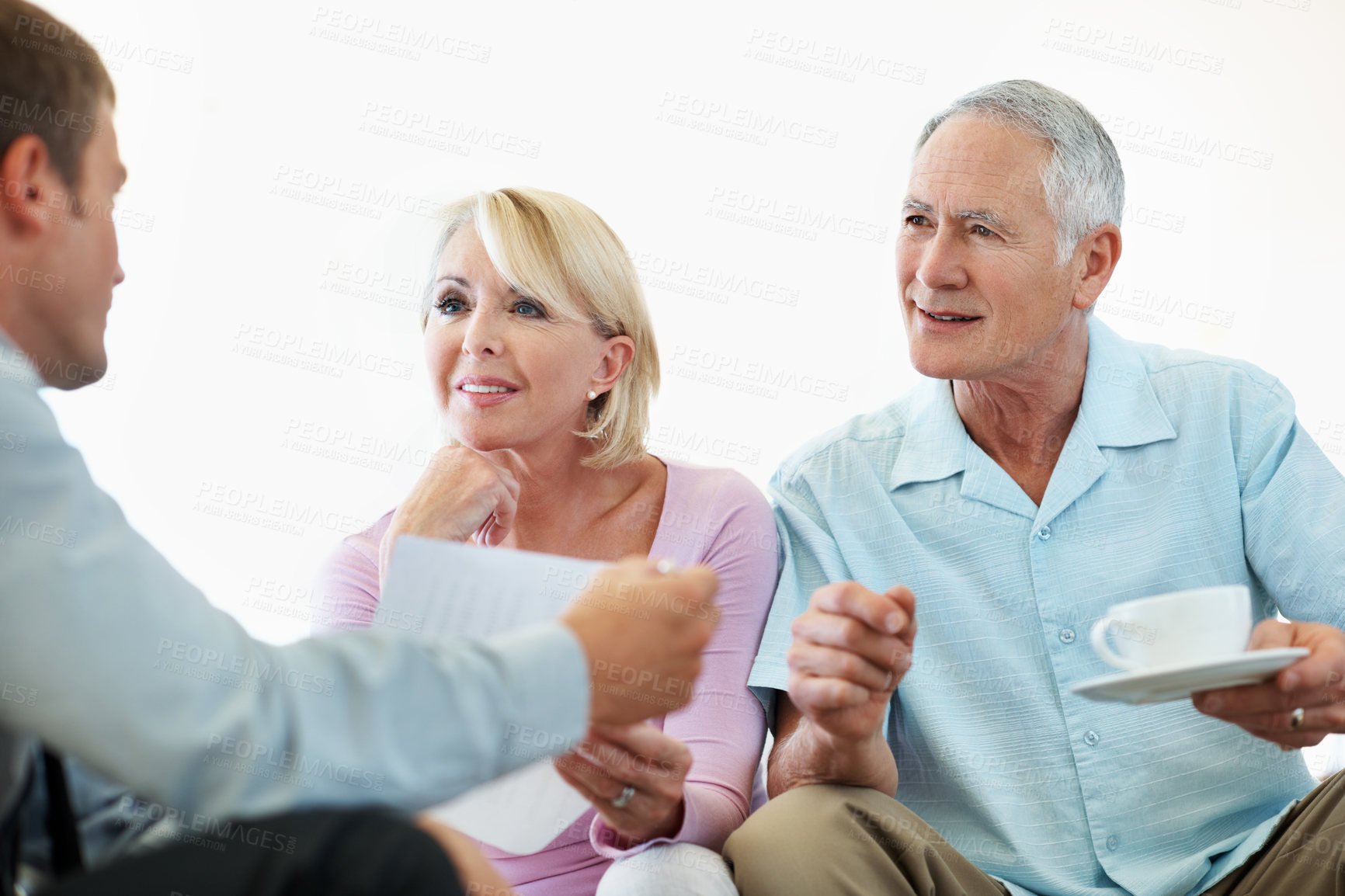Buy stock photo Elderly couple, financial advisor and document in home for retirement planning, deal and meeting. Senior man, happy woman and paperwork for pension fund, loan agent or budget for asset management