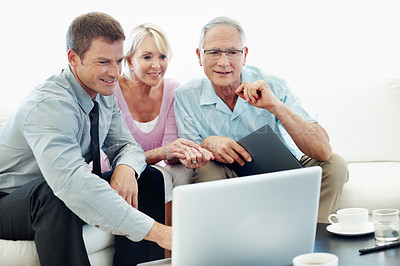 Buy stock photo Finance, elderly couple or accountant in home with laptop, investment review or advice on asset management. Digital, old people or wealth advisor with tech, retirement aid or guidance on pension fund