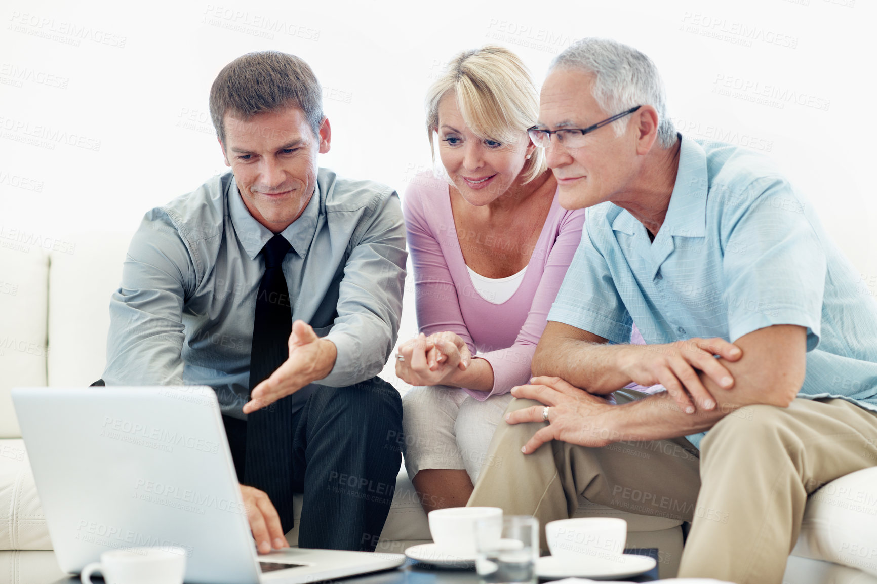 Buy stock photo Finance, old couple or accountant in home with laptop, investment review or advice on asset management. Support, senior people or wealth advisor with tech, retirement aid or guidance on pension fund.