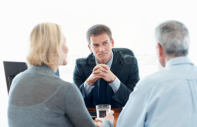 Buy stock photo Elderly couple, financial advisor and meeting for agreement, deal and retirement planning in office. Senior man, woman and computer for pension fund chat, loan agent and budget for asset management