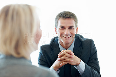 Buy stock photo Smile, man and consultation with client, financial advisor and discussion with investment options. Happy person, wealth consultant or advice for growth, asset management or studio on white background