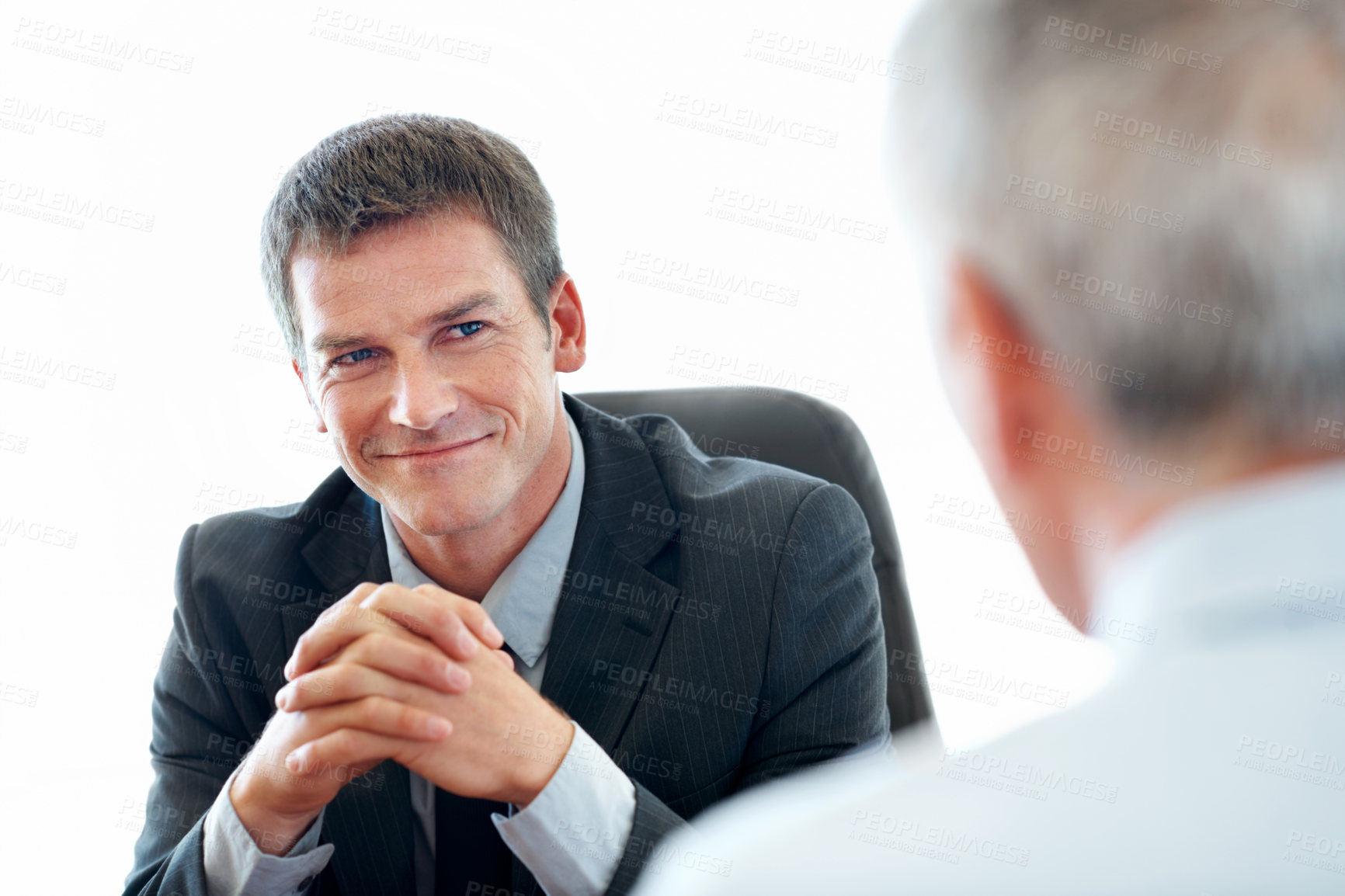 Buy stock photo Finance, old man or advisor with consultation, investment update or advice on asset management. Smile, senior person or wealth consultant with support, retirement aid or guidance on pension fund.