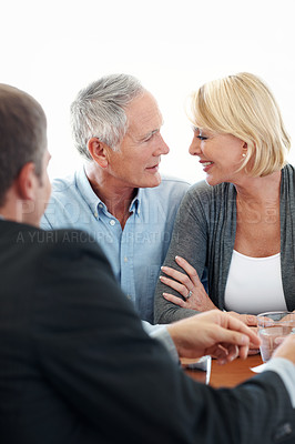 Buy stock photo Old couple, financial advisor and smile for retirement, deal planning and meeting in office. Happy senior man, elderly woman and accounting for pension fund, loan agent or budget for asset management