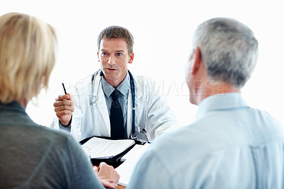 Buy stock photo Consultation, visit or elderly couple with doctor for medical advice, treatment or health insurance. Healthcare worker, discussion or senior man with woman for prescription, symptoms or application