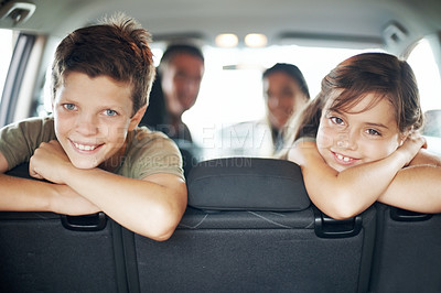 Buy stock photo Travel, children or portrait in car backseat for holiday journey, support and roadtrip with parents. Siblings, happy kids or bonding in vehicle for family adventure, weekend getaway or vacation trip