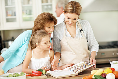 Buy stock photo Grandma, mom and child with recipe book for cooking, culinary idea and ingredients for lunch. Generations, kitchen and girl with mother, grandparent and learning for help with dinner and meal prep 