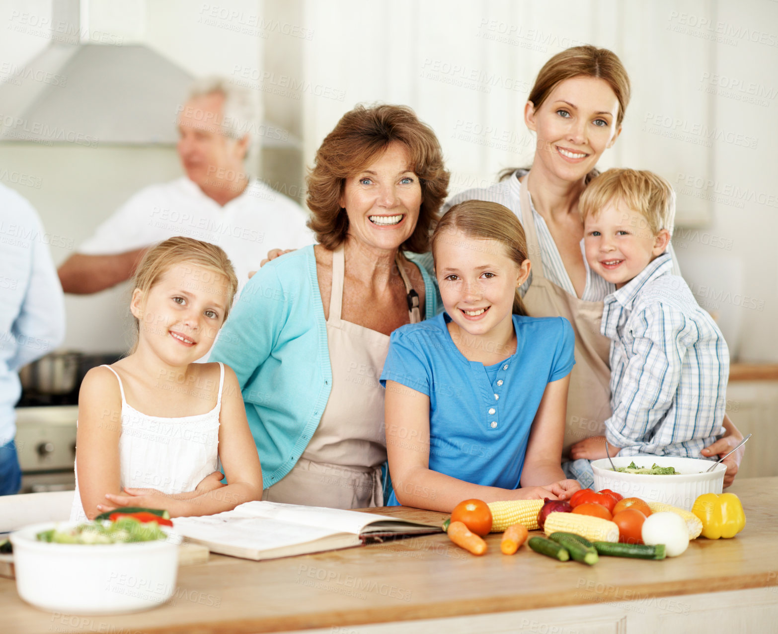 Buy stock photo Happy, family and portrait of children in kitchen for cooking, bonding and help for lunch together. Home, generations and kids with mom, grandmother and siblings for meal prep, dinner and vegetables
