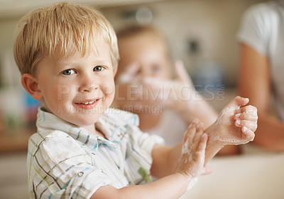 Buy stock photo Hygiene, happy child and handwashing in house portrait for dirt removal, routine and independence. Safety, boy kid and cleaning with soap in family home for germ protection, learning or healthy habit