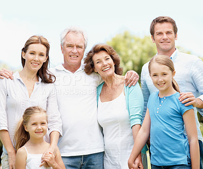 Buy stock photo Family, portrait and relax with children in nature, generations and smile with grandparents on break. Outdoor, senior people and parents with kids on weekend, bonding and happy on holiday at park