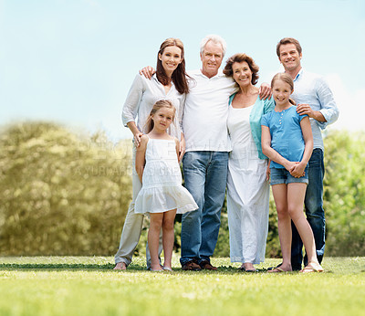 Buy stock photo Family, portrait and hug with children in nature, generations and bonding with grandparents on break. Space, senior people and parents with kids on weekend, connection and happy on holiday at park