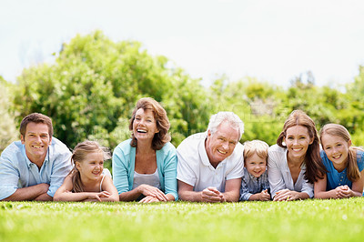 Buy stock photo Portrait, family and parents in park with children, relax together and generations bonding on weekend. Happy, mature people and grandma outdoor on grass with grandfather, kids and rest for wellness.