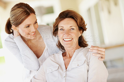 Buy stock photo Care, relax and smile with senior mother and woman in home for bonding, support and love. Family visit, connection and happy with people in house for weekend break, portrait and trust together