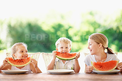 Buy stock photo Happy, portrait and children with watermelon in garden for healthy snack, food and eating in summer. Family, siblings and kids with fruit for wellness, diet and nutrition for weekend in backyard