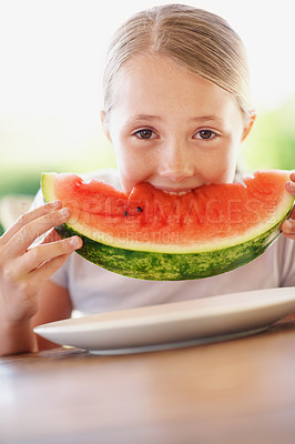 Buy stock photo Watermelon, eating and portrait with girl outdoor of house for summer, calm and holiday. Fourth of July, food and relax with child and fruit in backyard of home for vacation, nutrition and snack