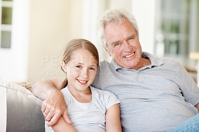 Buy stock photo Portrait, happy and grandfather with child on sofa in home for bonding, support and connection. Love, family visit and weekend break with senior man and kid in apartment for trust, relax and care