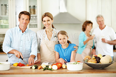 Buy stock photo Happy, parents and portrait of child for cooking, bonding and helping for family lunch on weekend. Kitchen, generations and girl with mom, dad and grandparents for meal prep, dinner and vegetables