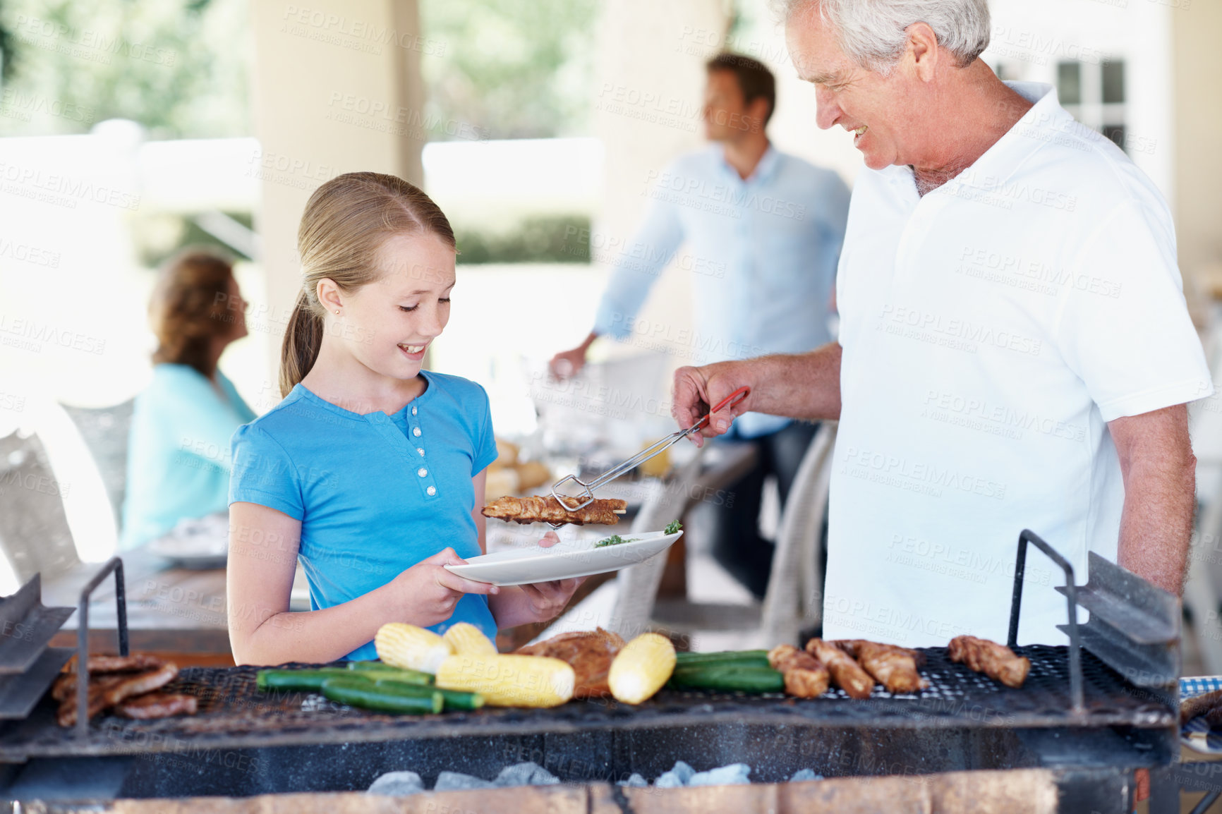 Buy stock photo Barbecue, serve and grandfather with girl in home for cooking, smile and family celebration. Bbq reunion, summer vacation and grill with people in backyard of house for weekend break and support