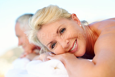 Buy stock photo Happy woman, elderly couple and relax at massage spa, outdoor resort and luxury wellness on holiday. Smile, people and table at salon, peace or stress relief with portrait for vacation in retirement