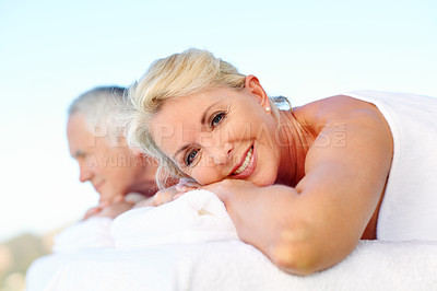 Buy stock photo Holiday, massage and old woman in spa for portrait, smile and marriage anniversary for wellness. Love, luxury resort and elderly couple with senior people outdoor for stress relief, vacation or relax