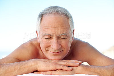 Buy stock photo Sleep, relax and senior man at spa for holiday, getaway or weekend trip for calm at resort. Smile, therapy and elderly person in retirement with afternoon nap for health, wellness or zen on vacation.