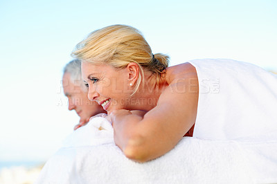 Buy stock photo Relax, massage and old couple in spa for vacation, smile and marriage anniversary for wellness. Love, luxury resort and happy woman with senior man outdoor for stress relief, holiday and hospitality