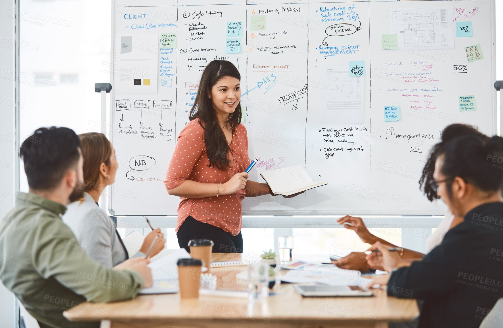 Buy stock photo Woman, presentation and board in office with team, budget and timeline goals for project management. People, talk and workshop in business with task schedule, idea proposal and financial planning.