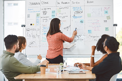 Buy stock photo Shot of a young businesswoman delivering a presentation to her colleagues in a modern office
