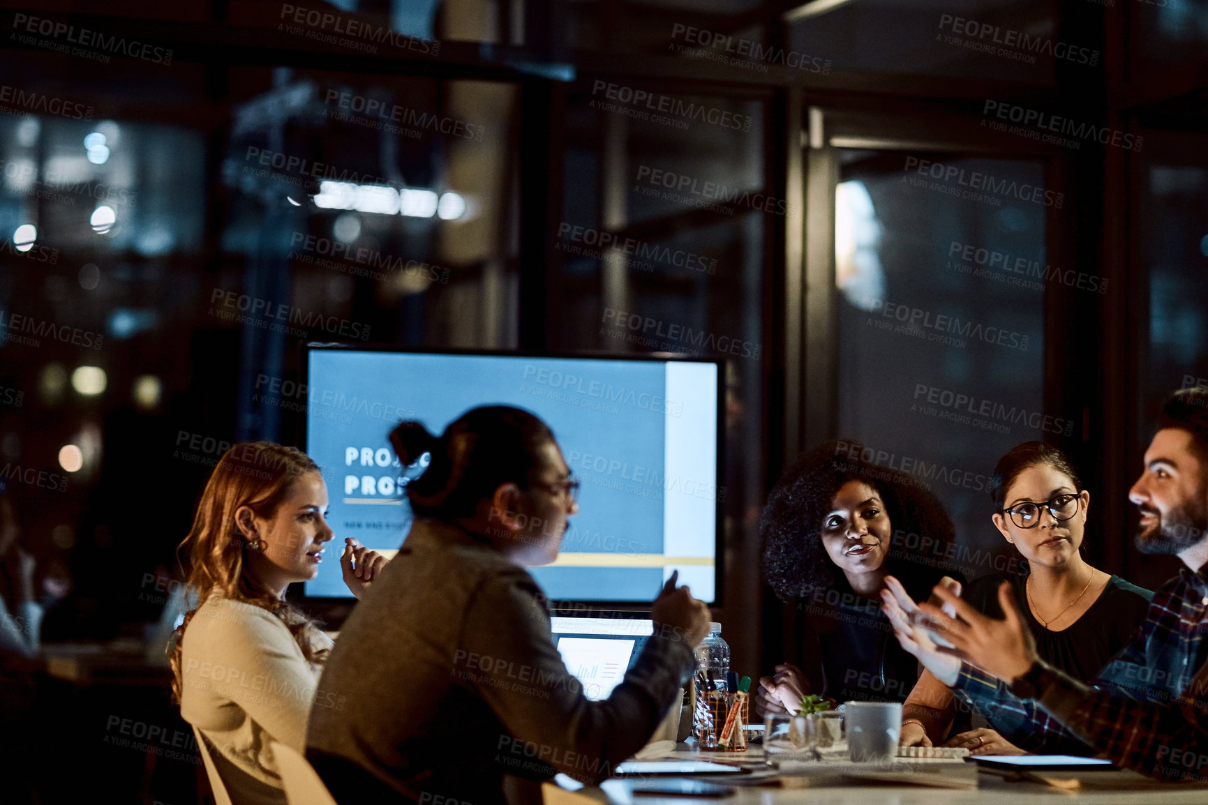 Buy stock photo Business, smile and group with ideas at night, collaboration and discussion for marketing strategy. Colleagues, working late and teamwork for campaign, graphs and happy people with tech in agency