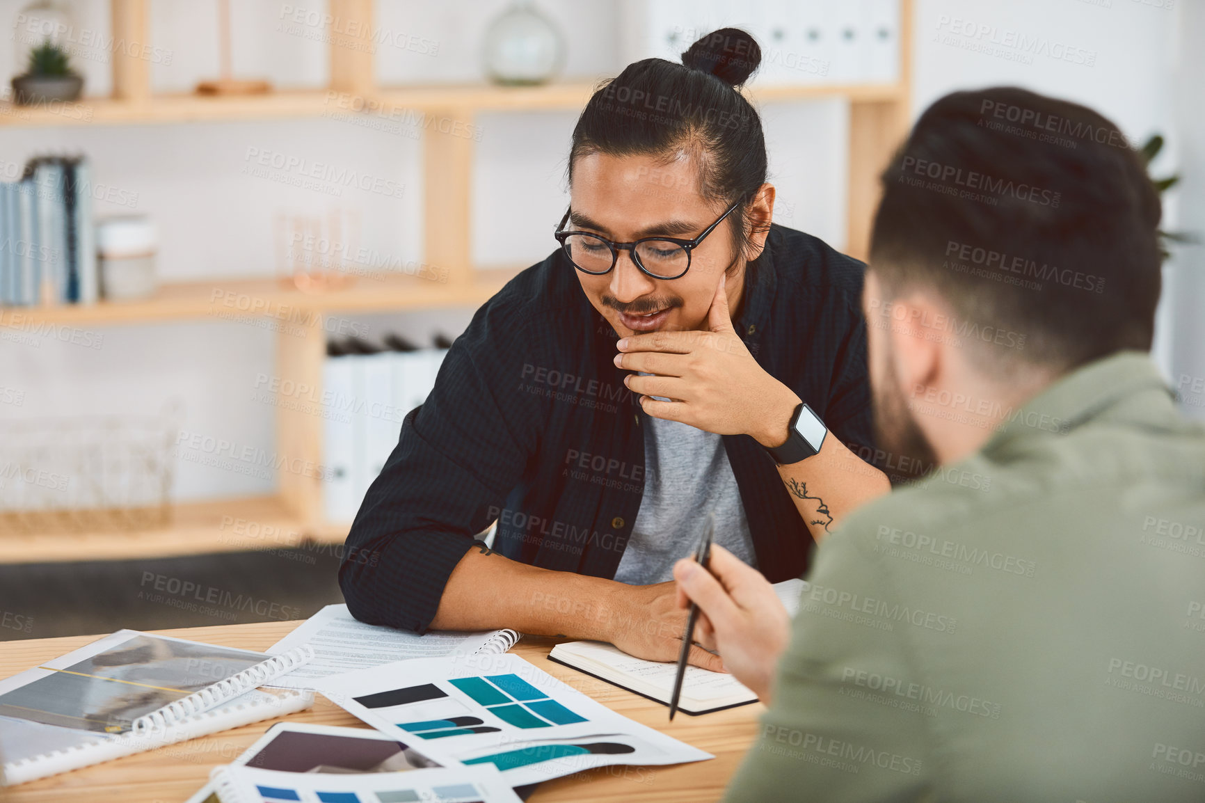 Buy stock photo Men, creative team and problem solving with documents in office, graphic design strategy or review. Smile, paperwork and collaboration in meeting with people, project layout or color palette decision