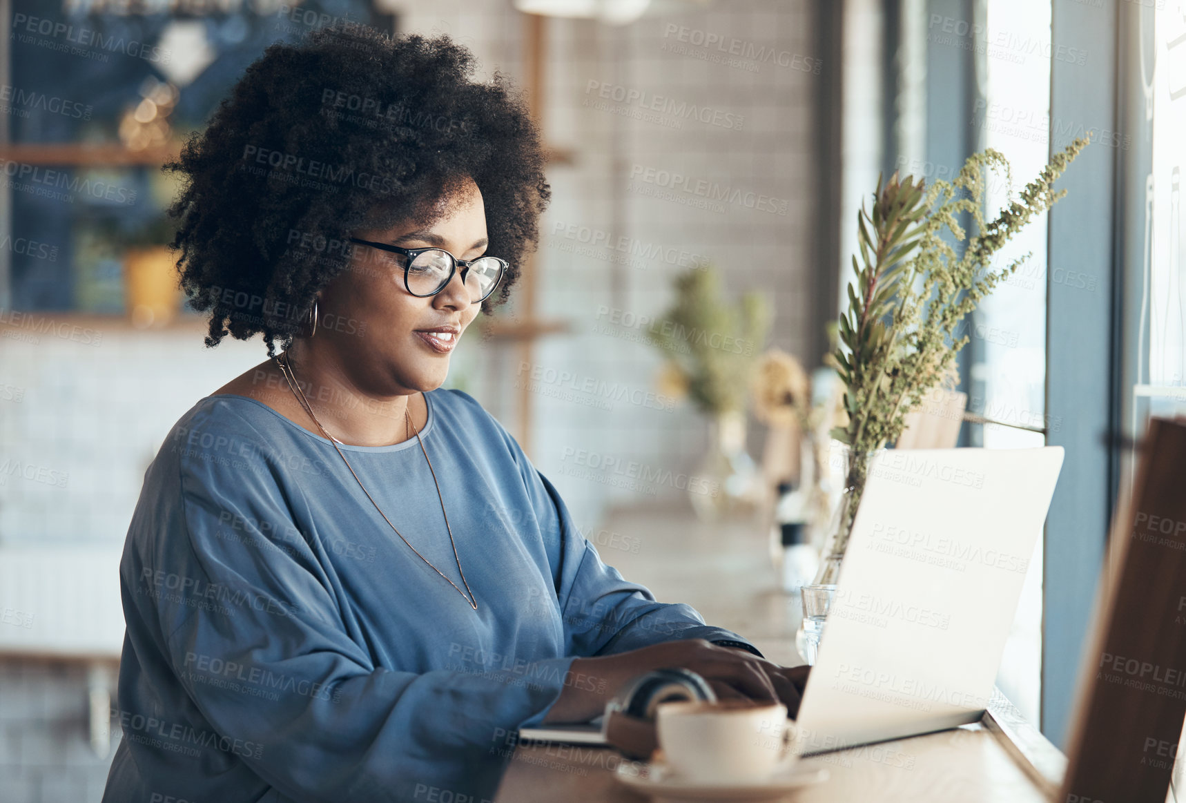 Buy stock photo Freelancer, laptop and reading with woman in cafe for source research, blog writer and review. Online media publication, remote worker and copywriting with person and tech in coffee shop for story