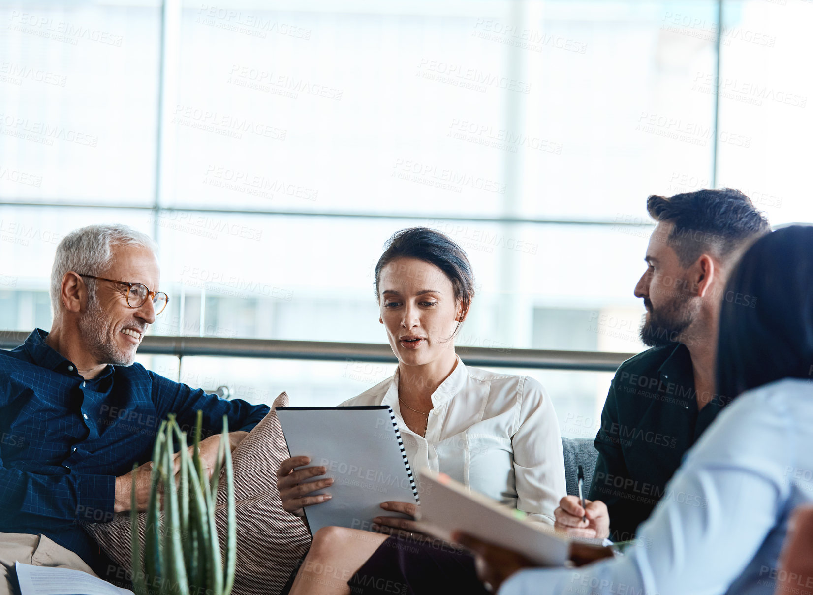Buy stock photo Lobby, people or documents in meeting for business pitch, venture capital or market opportunity. Startup finance, investor team or listen to proposal, investment return or growth potential in funding