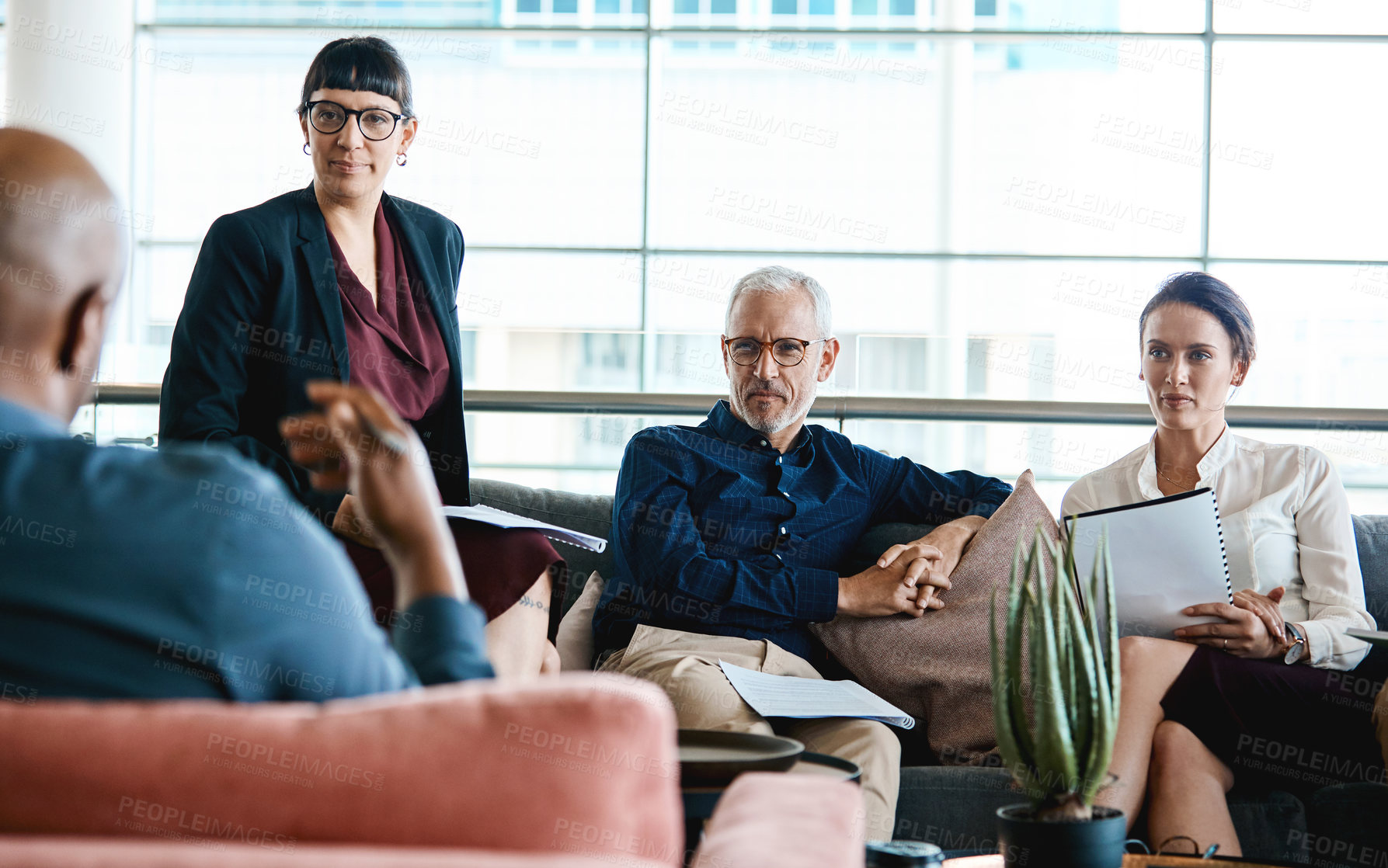 Buy stock photo Business people, paperwork and conversation in lobby for networking, collaboration and project review. Proposal, office and manager with employee and planning for b2b deal, documents or feedback