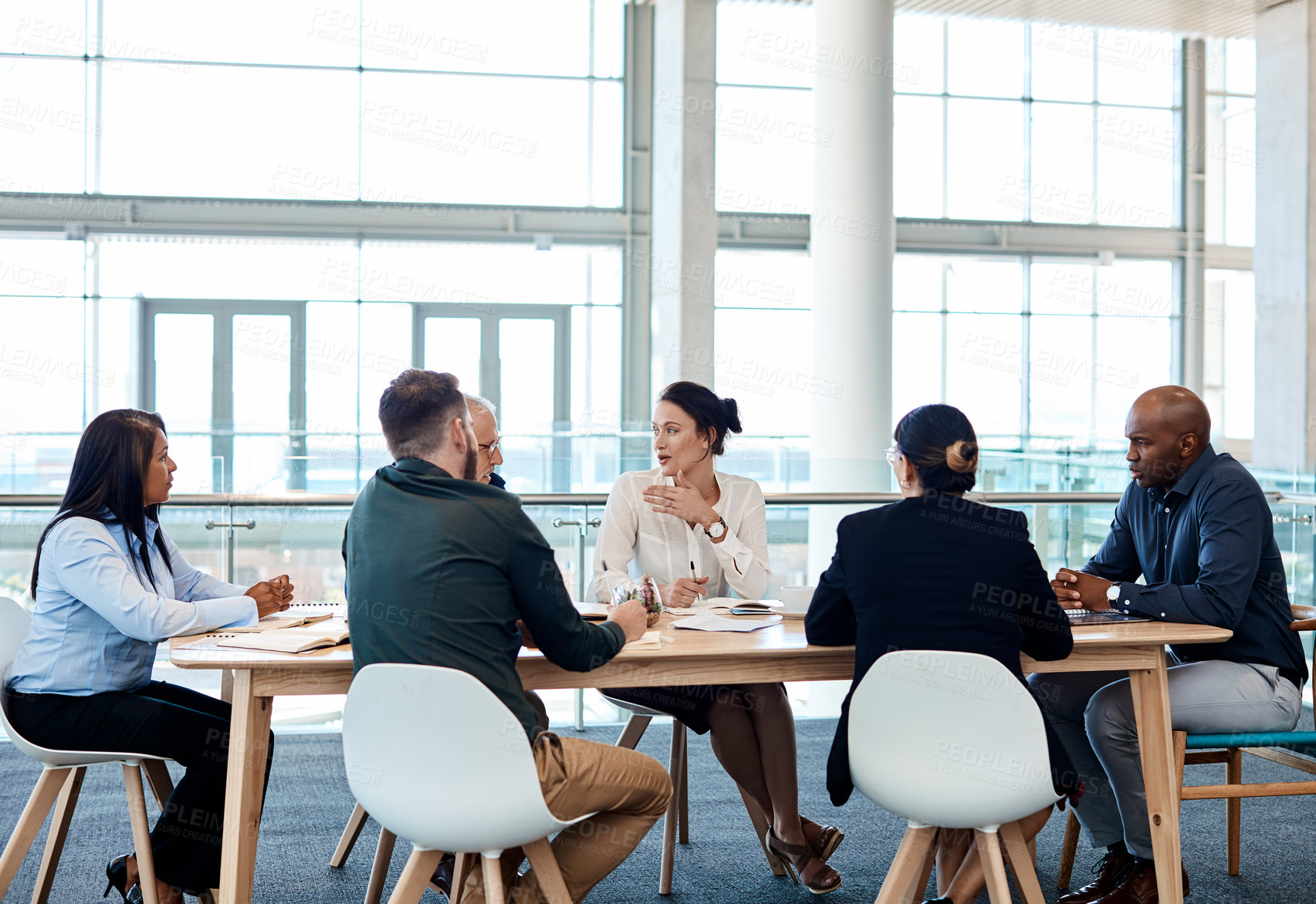 Buy stock photo Meeting, business people and discussion in office for  solution, planning or financial strategy. Briefing, proposal and talking with team, investment agenda or project management notes in boardroom