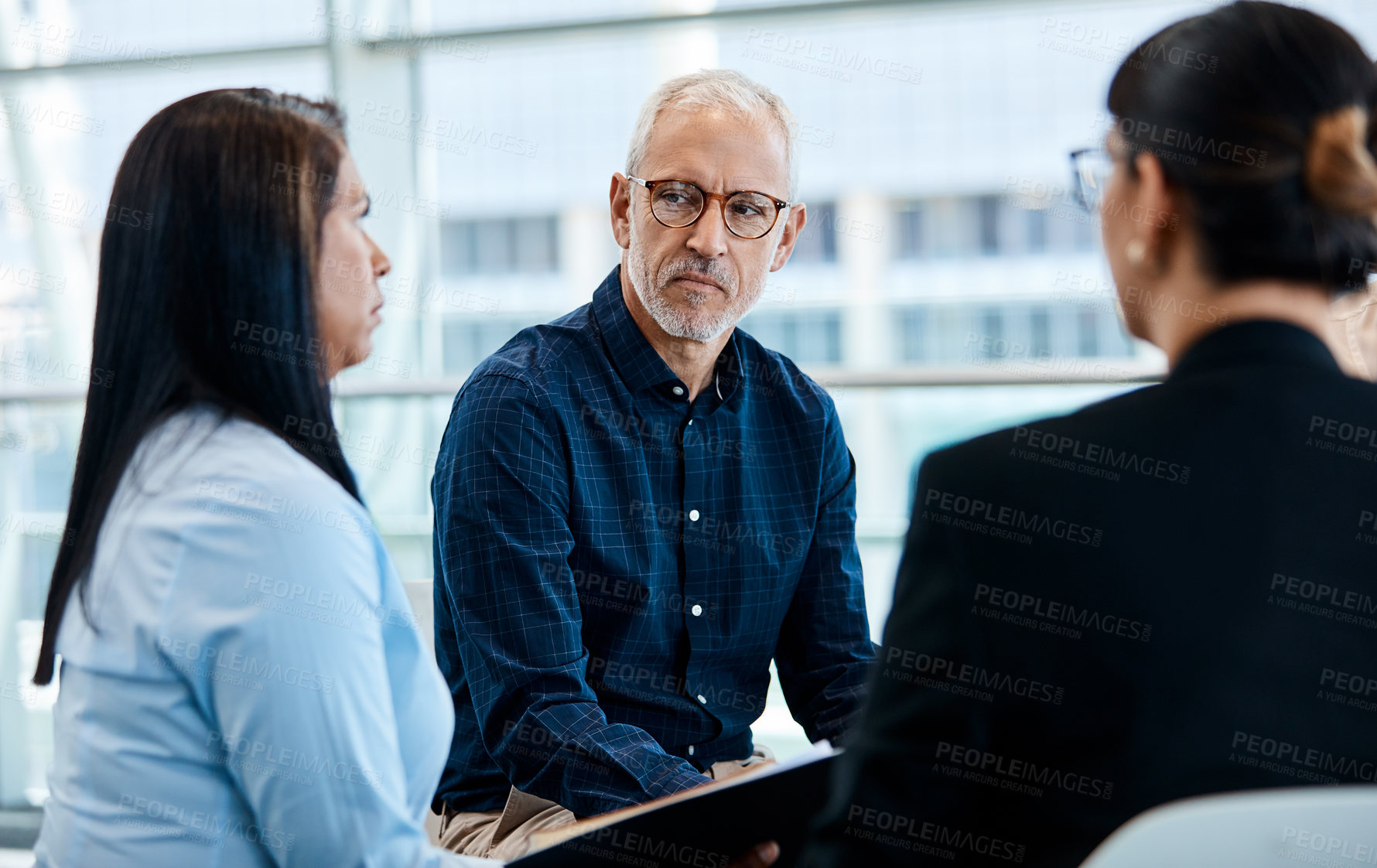 Buy stock photo People, listening and talk with team in business, financial development or planning for assignment. Investment banking, collaboration and colleagues with strategy, discussion and meeting in office
