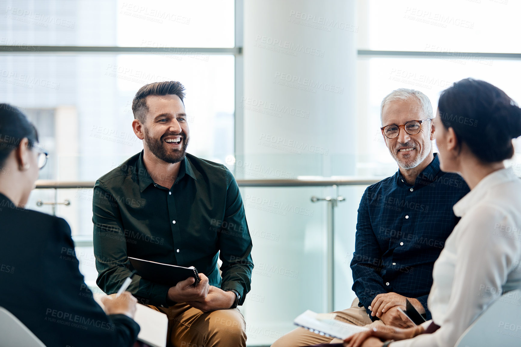 Buy stock photo Business people, smile and discussion in lobby for networking, collaboration and project review. Proposal, office and manager with team and funny joke for b2b deal, planning paperwork or feedback