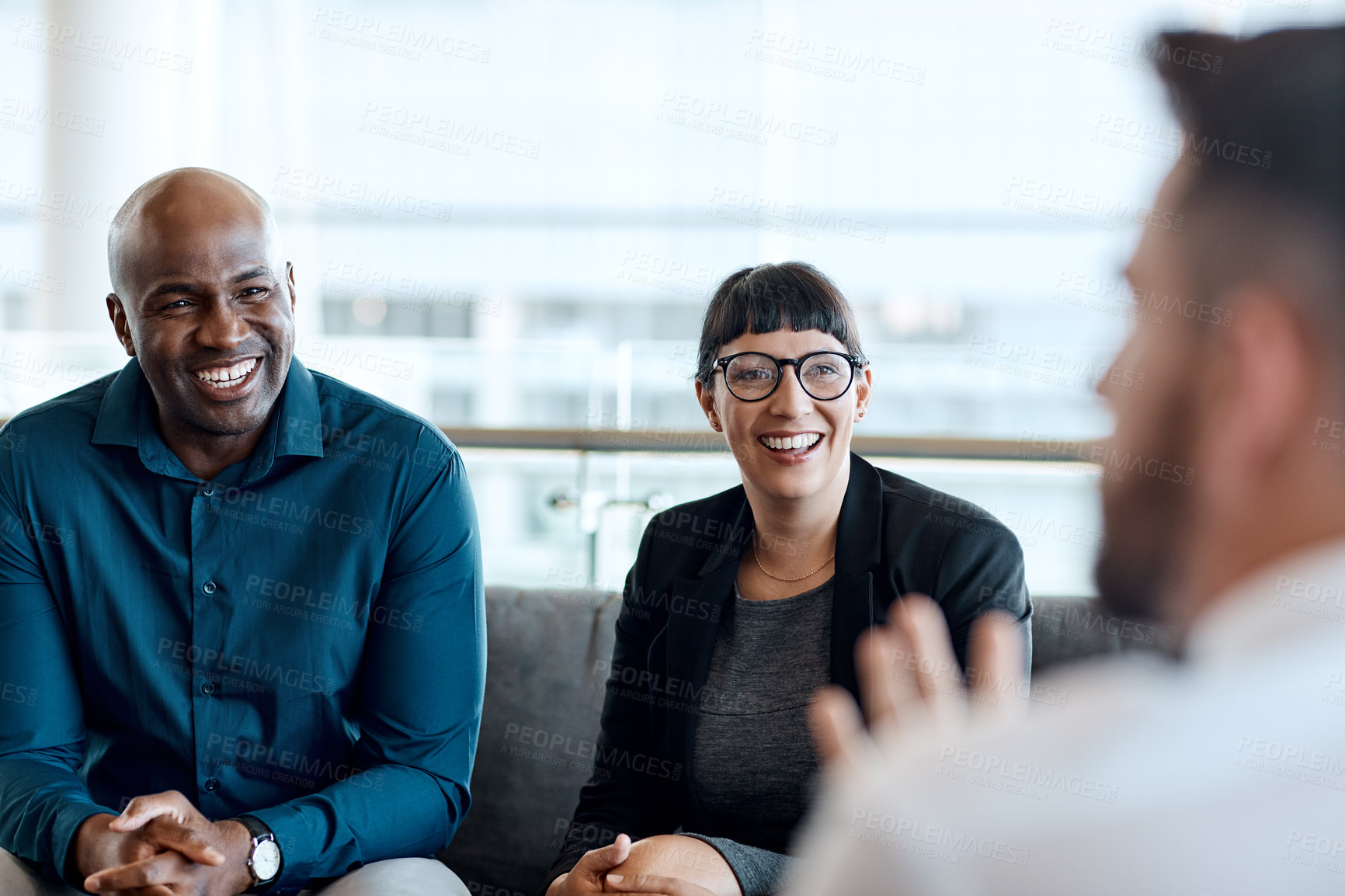Buy stock photo Business people, smile and conversation in lobby for networking, collaboration and project review. Partnership, office and happy manager with employee and planning for b2b deal, support or feedback