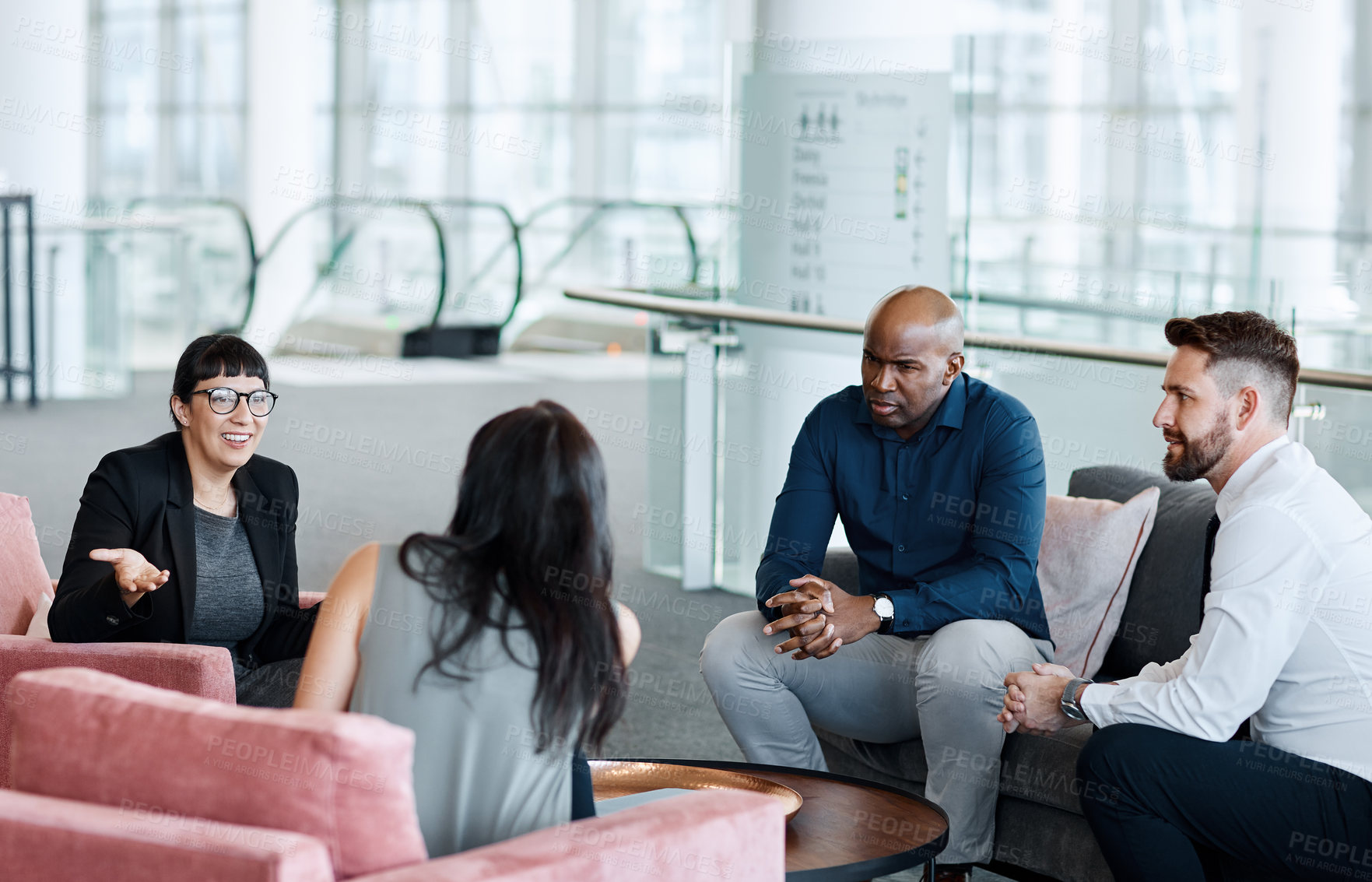 Buy stock photo Business, people and meeting in office lobby with discussion, collaboration and update for finance. Team, conversation and planning in workplace for financial management feedback, strategy or advice.