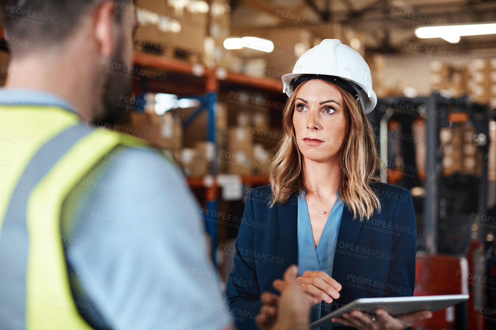 Buy stock photo Logistics, woman and team in warehouse with tablet, collaboration and update for shipping operations. Supervisor, people and meeting in depot with tech, distribution plan or feedback for supply chain