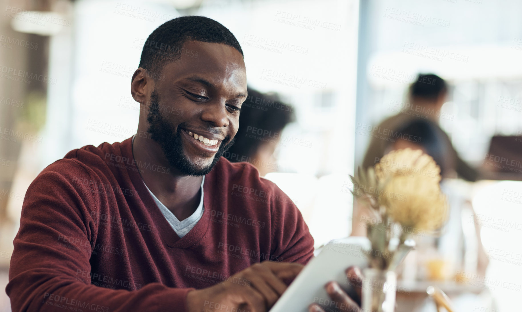 Buy stock photo Tablet, scroll and freelancer with man in cafe for research, blog editor and media feedback. Online report, remote worker and article update with person in coffee shop for proofreading and planning