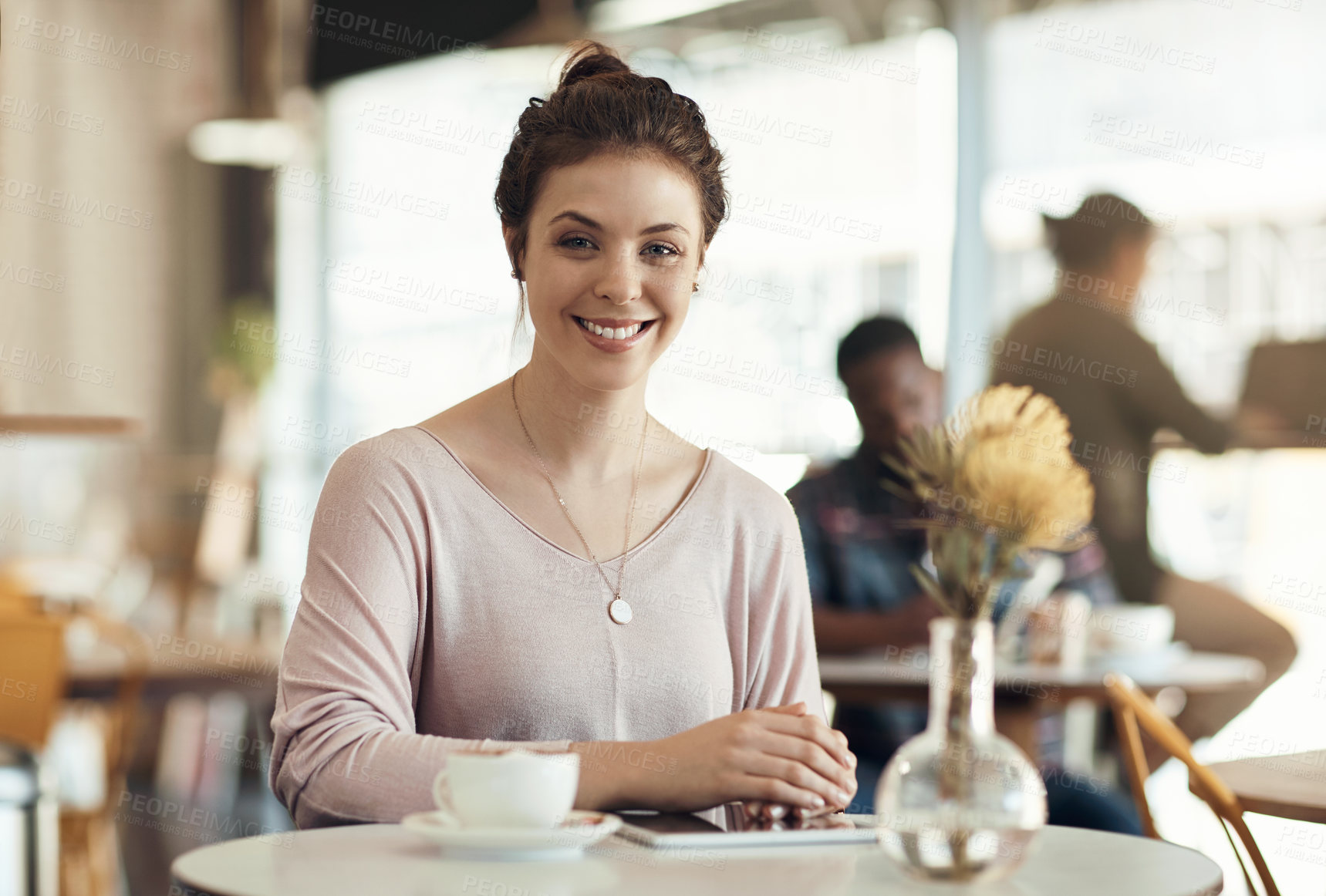 Buy stock photo Woman, portrait and smile in cafe for hospitality, good service or tablet for online review platform. Customer, happy and tech in coffee shop for small business support, local regular or connectivity